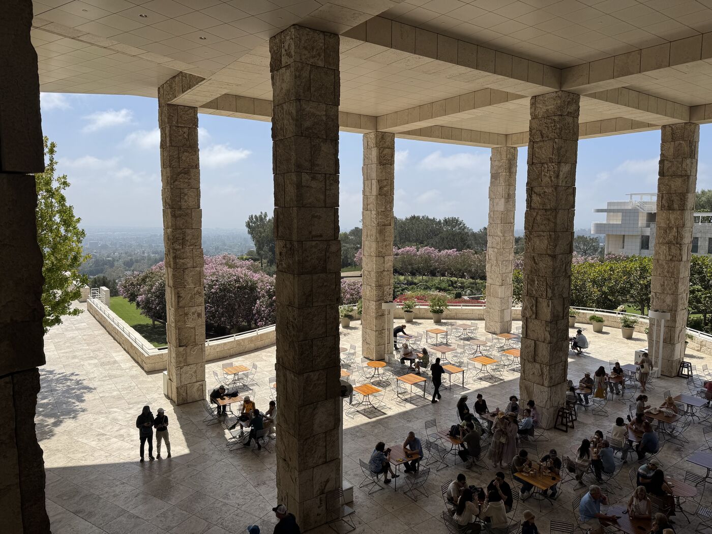 View from the travertine terraces of the Getty Center in Los Angeles, looking out over the city on a clear day